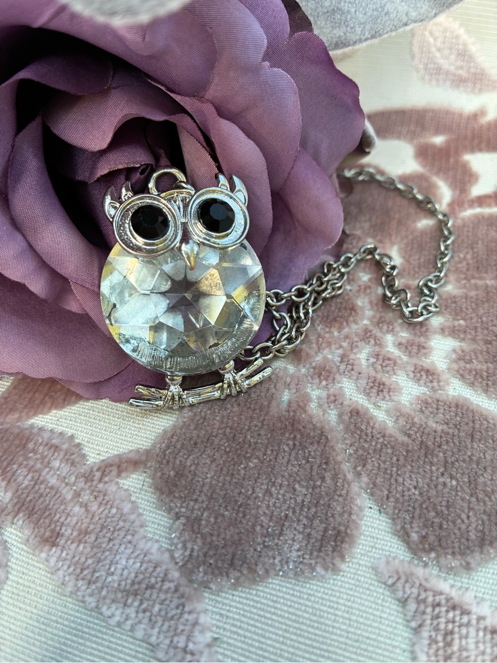 Silver Owl Crystal Pendant Necklace - Clear Silver